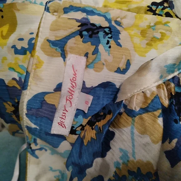 VINTAGE BETSEY JOHNSON Yellow, Blue, White Floral Silk Halter Style Dress, sz 8 - Picture 10 of 11